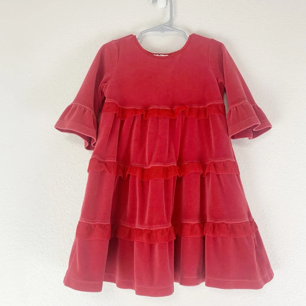Hanna Andersson Dress Girls 4 100 Red Tiered Velvet Holiday Christmas PLAY